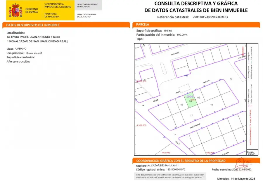 Parcela en venta en Alcanzar De San Juan, de 166 m2 por 85.000 €, Ref. 0302 en Alcanzar de San Juan