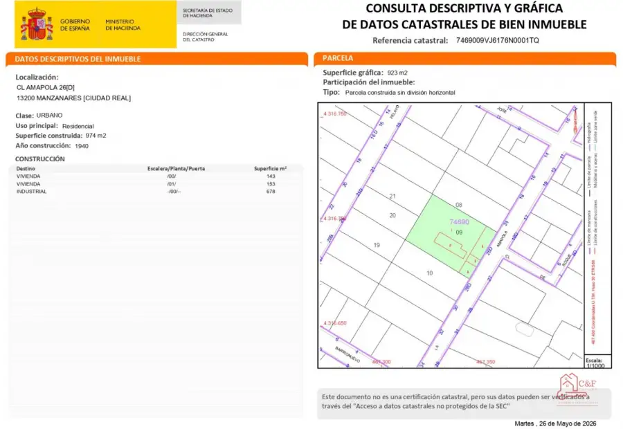 Parcela en venta en Manzanares, de 1375 m2 por 300.000 €, Ref. 0391 en Manzanares